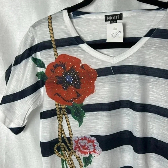 Y2K,vtg, NEW, MOFFI top,beaded floral, striped,sheer,feminine,cottagecore,boho - Picture 2 of 13